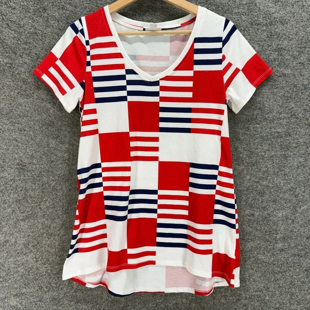 LulaRoe T-Shirt Women XS White Plaid V-Neck Short Sleeve Pullover Casual